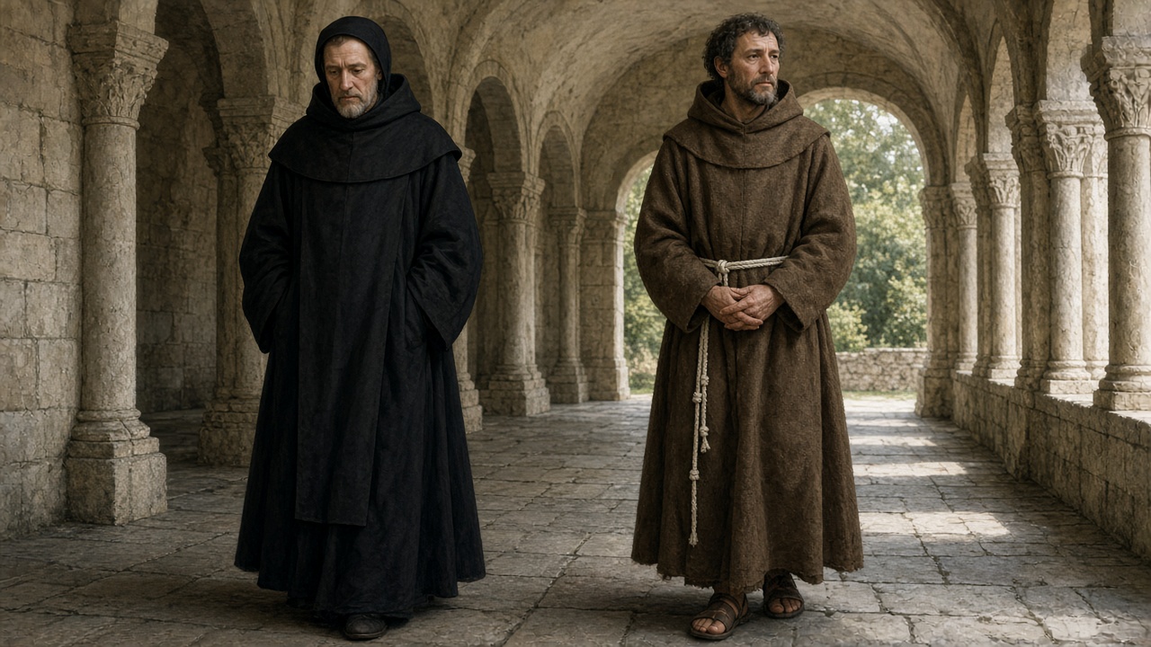 A Benedictine monk in a black habit with cowl beside a Franciscan friar in a brown tunic with a knotted white cord, in a stone cloister