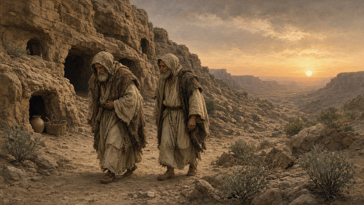 Desert Fathers in rough undyed tunics and goatskin mantles walking near rock hermitage cells in the Egyptian desert