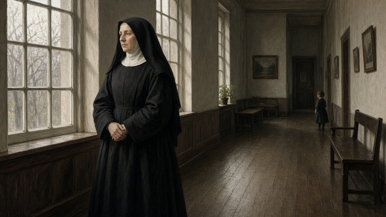 A 19th-century sister in a simple black habit and veil standing in a quiet school corridor with soft window light