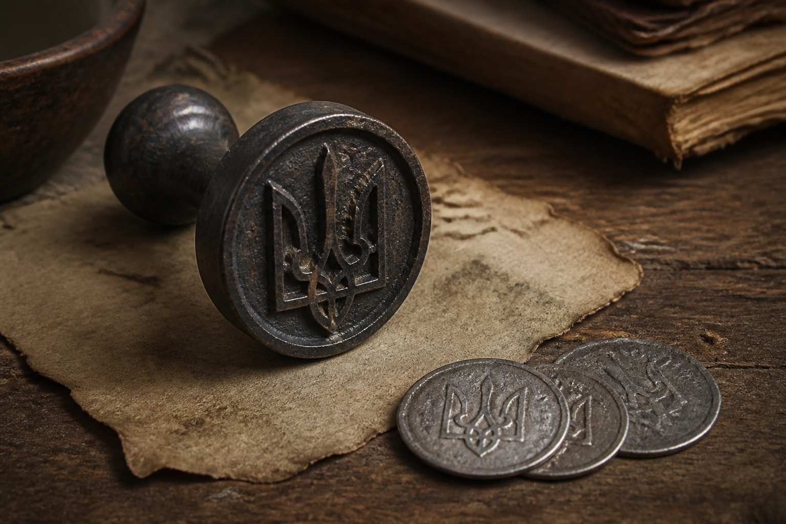 Historical metal seal and coins bearing a stylized trident tamga of the kind associated with Rurikid princes of Kievan Rus