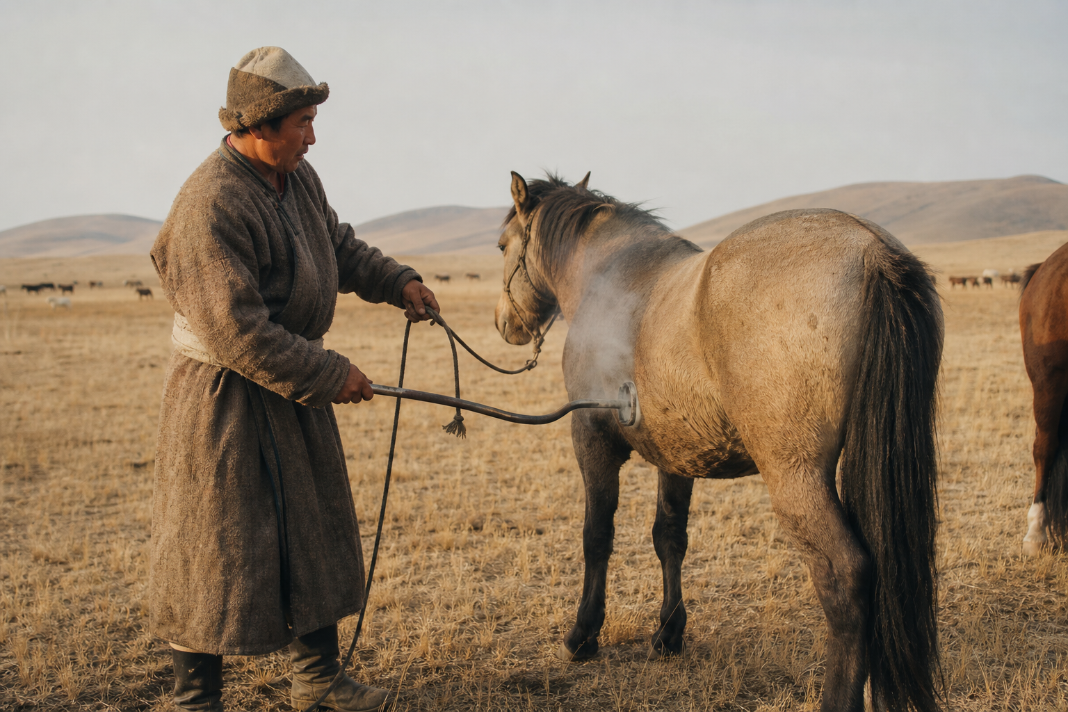 Nomadic herder on the Eurasian steppe holding a branding iron beside a horse, illustrating the original livestock-marking use of the tamga